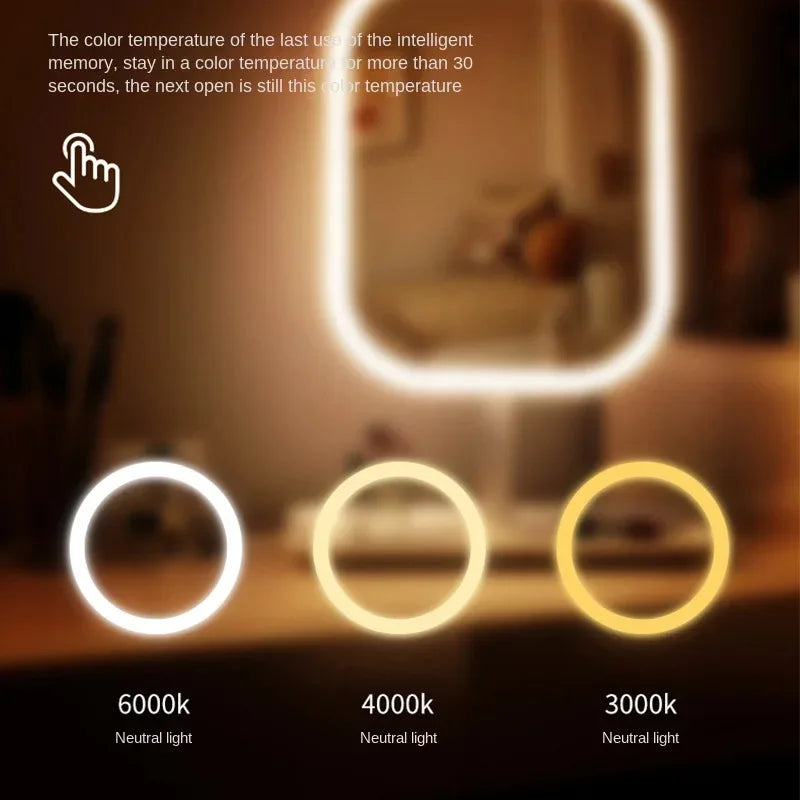 New 1Pc LED Modern Desktop Vanity Mirror, Portable 3 Color Light LED Makeup Mirror Touching Mirror Women Bedroom Dressing Mirror
