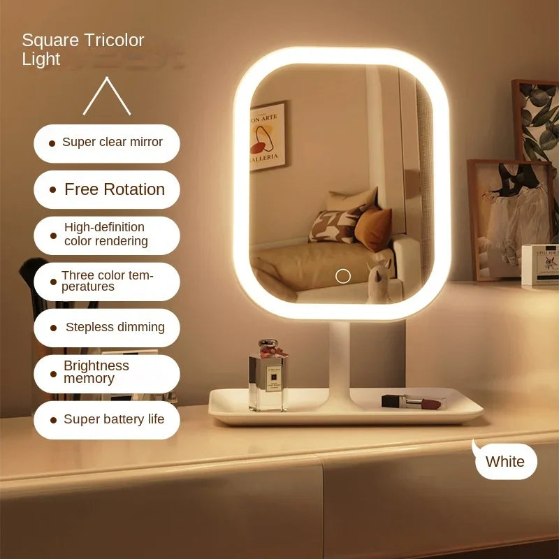 New 1Pc LED Modern Desktop Vanity Mirror, Portable 3 Color Light LED Makeup Mirror Touching Mirror Women Bedroom Dressing Mirror
