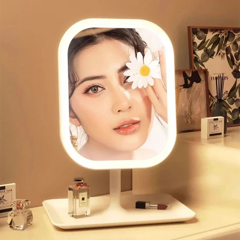 New 1Pc LED Modern Desktop Vanity Mirror, Portable 3 Color Light LED Makeup Mirror Touching Mirror Women Bedroom Dressing Mirror